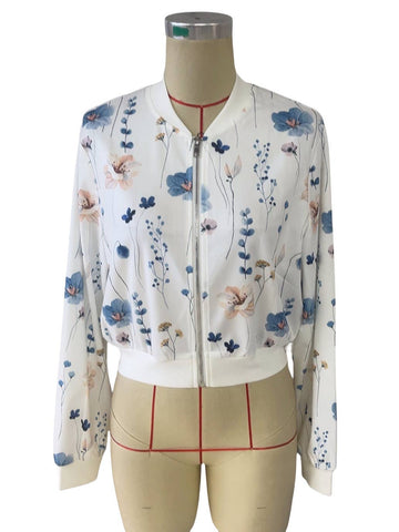 Zippered Floral Print Long-Sleeved Casual Cropped Jacket: White / M