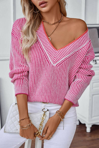 Sweater V-Neck Striped Casual Pullover knit Top: Rose