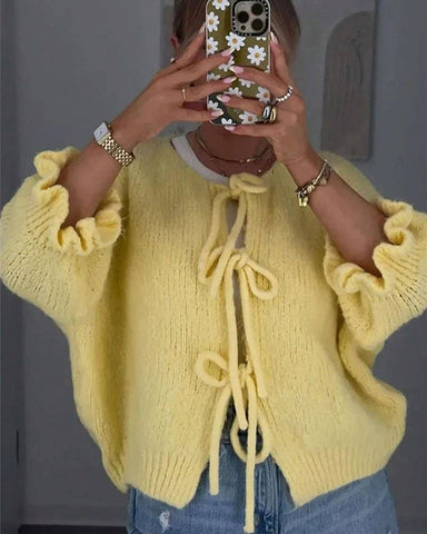 Sweater Drawstring Lace-Up Slouchy Cardigan: Yellow / M