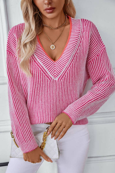 Sweater V-Neck Striped Casual Pullover knit Top: Rose