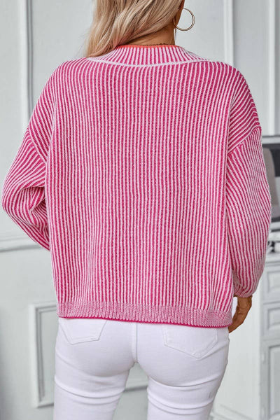 Sweater V-Neck Striped Casual Pullover knit Top: Rose