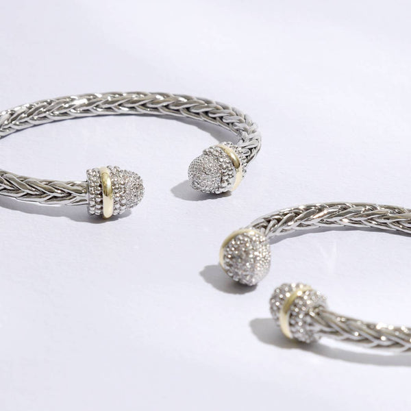 Bracelet Multi-Toned CZ Round Edge Braided Bangle Bracelet:ONE SIZE