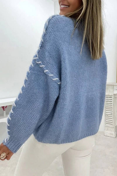 Sweater Crew Neck Long Sleeve Knit Sweater Blue