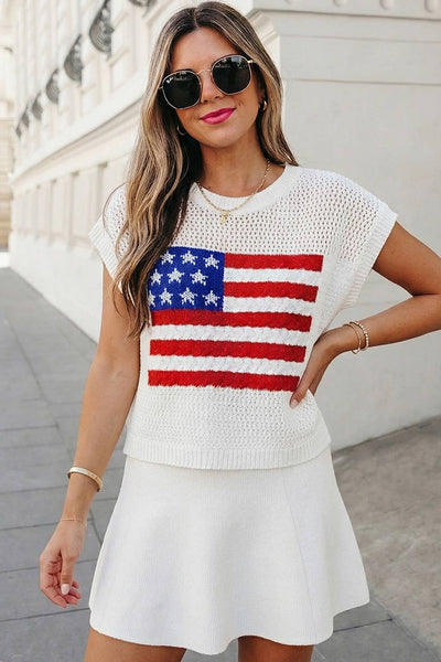 Tops USA Flag Graphic Short Sleeve Sweater Top | S-XL