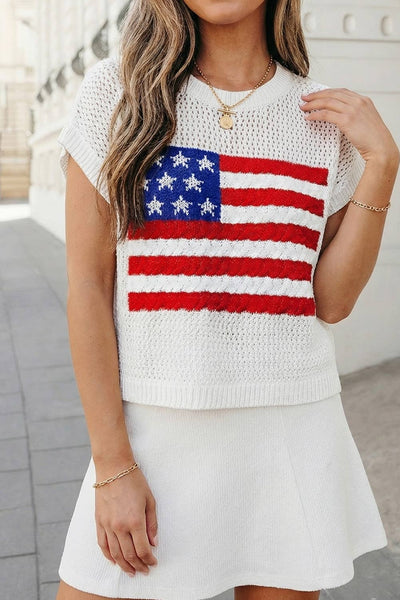 Tops USA Flag Graphic Short Sleeve Sweater Top | S-XL