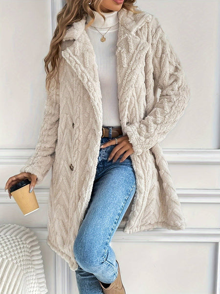 Coat Reversible Plush Slip Pockets Casual Long Coat: Beige / M