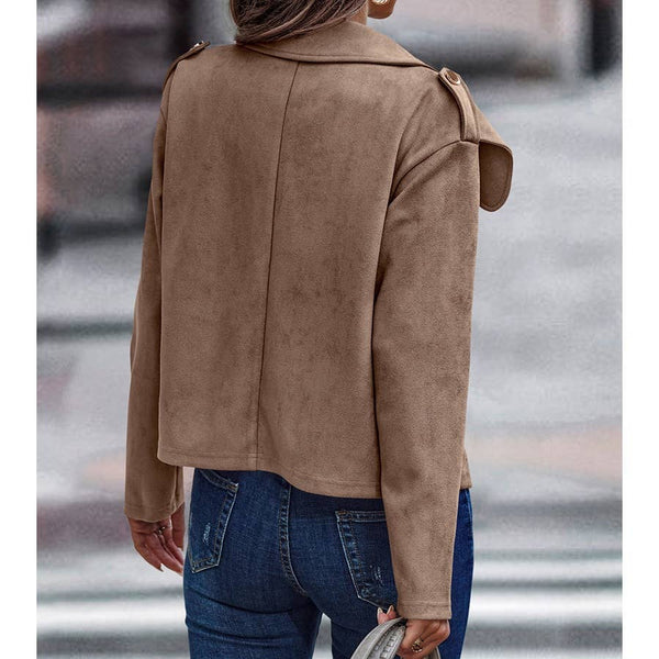 Button Notch Collar Faux Suede Long Sleeve Jacket: Khaki / L