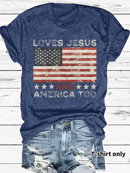 T-shirt 4th of July Retro USA flag Graphic tee short sleeve