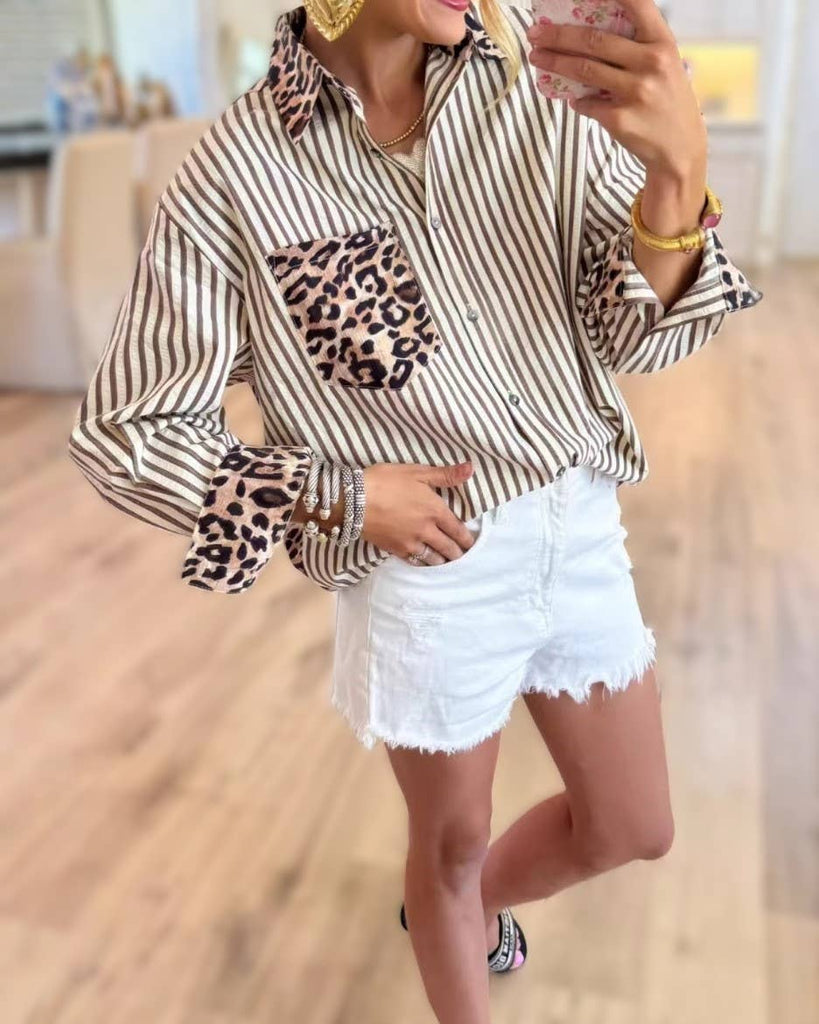 Tops Chic Style Leopard & Striped Patchwork Shirt
