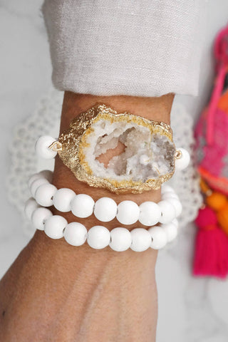 Sliced Stone and White Wooden Beads Boho Bracelet Set