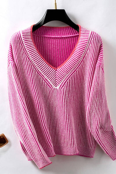Sweater V-Neck Striped Casual Pullover knit Top: Rose