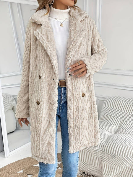 Coat Reversible Plush Slip Pockets Casual Long Coat: Beige / M
