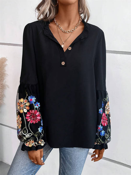 Tops Casual V-Neck Jacquard Balloon Sleeve Top: Black / XL