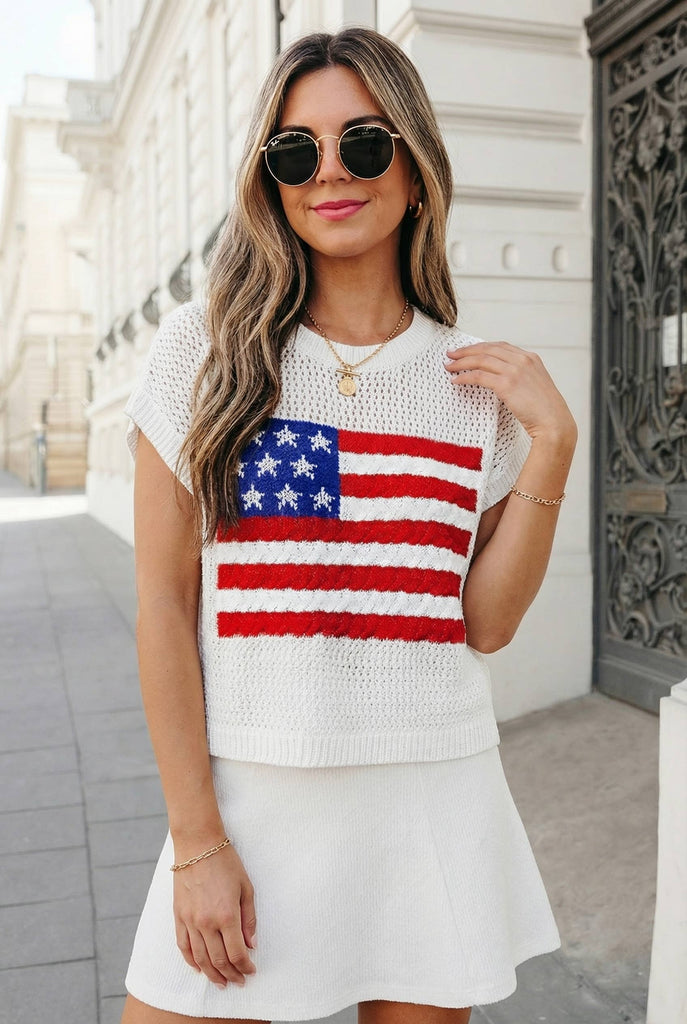 Tops USA Flag Graphic Short Sleeve Sweater Top | S-XL