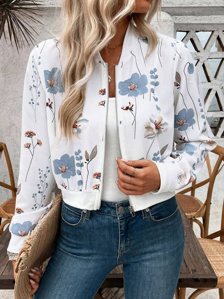 Zippered Floral Print Long-Sleeved Casual Cropped Jacket: White / M