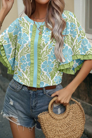 Tops Floral Print Frill Trim Blouse & Series | S-XL Plus 1X-4X