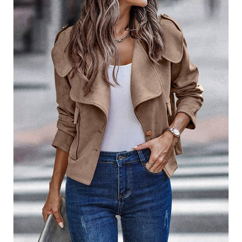 Button Notch Collar Faux Suede Long Sleeve Jacket: Khaki / XL