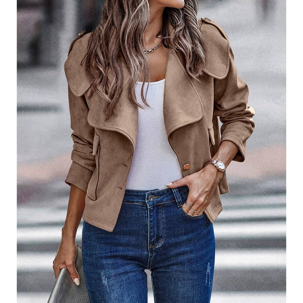 Button Notch Collar Faux Suede Long Sleeve Jacket: Khaki / L