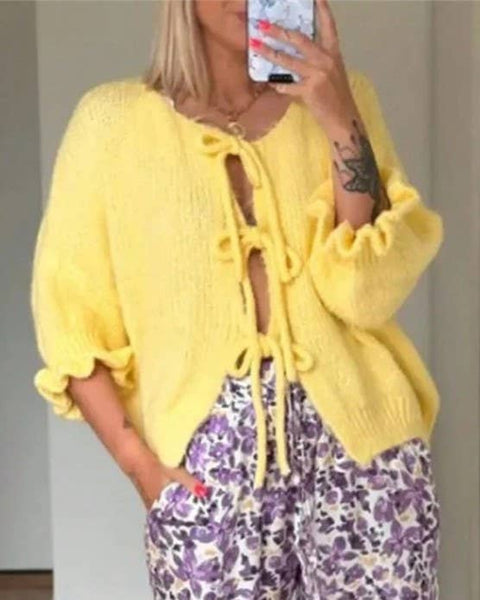 Sweater Drawstring Lace-Up Slouchy Cardigan: Yellow / S