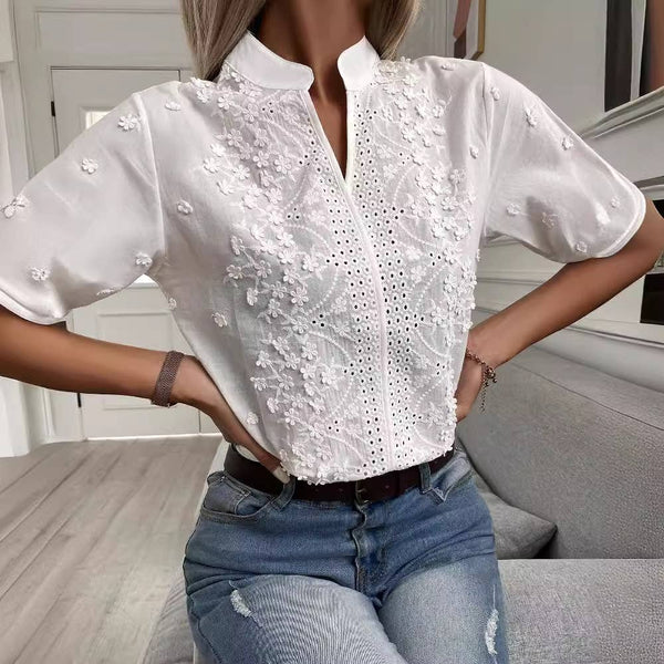 Tops V-Neck Stand Collar Embroidered Lace Shirt