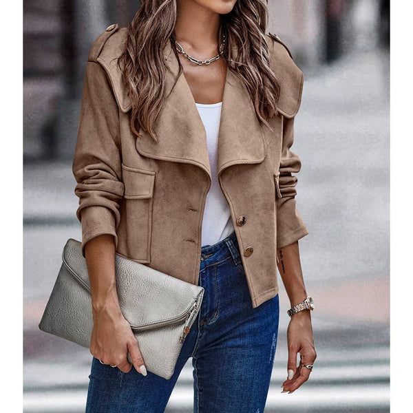 Button Notch Collar Faux Suede Long Sleeve Jacket: Khaki / XL