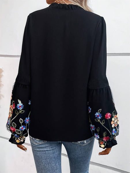 Tops Casual V-Neck Jacquard Balloon Sleeve Top: Black / XL