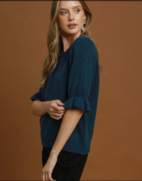Tops Round Neck Ruffle Short Sleeve Teal N7184
