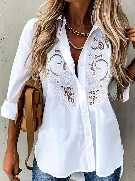 Tops Boho Lace Embroidered Shirt Vacation Floral Hollow Blouse