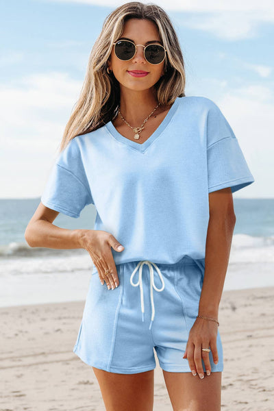 Shorts Set Comfy V Neck Tee & Pockets Shorts Set | S-XL