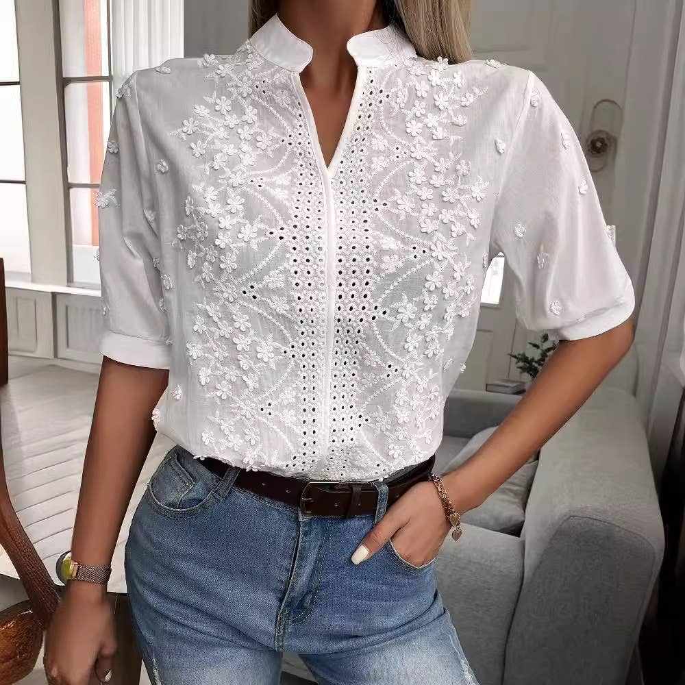 Tops V-Neck Stand Collar Embroidered Lace Shirt