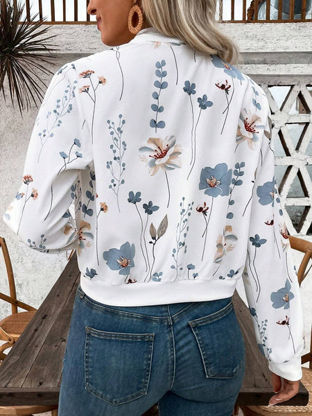 Zippered Floral Print Long-Sleeved Casual Cropped Jacket: White / M