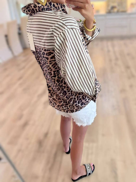 Tops Chic Style Leopard & Striped Patchwork Shirt