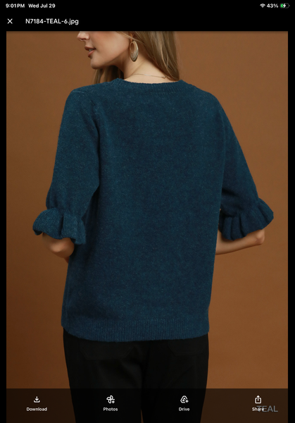 Tops Round Neck Ruffle Short Sleeve Teal N7184