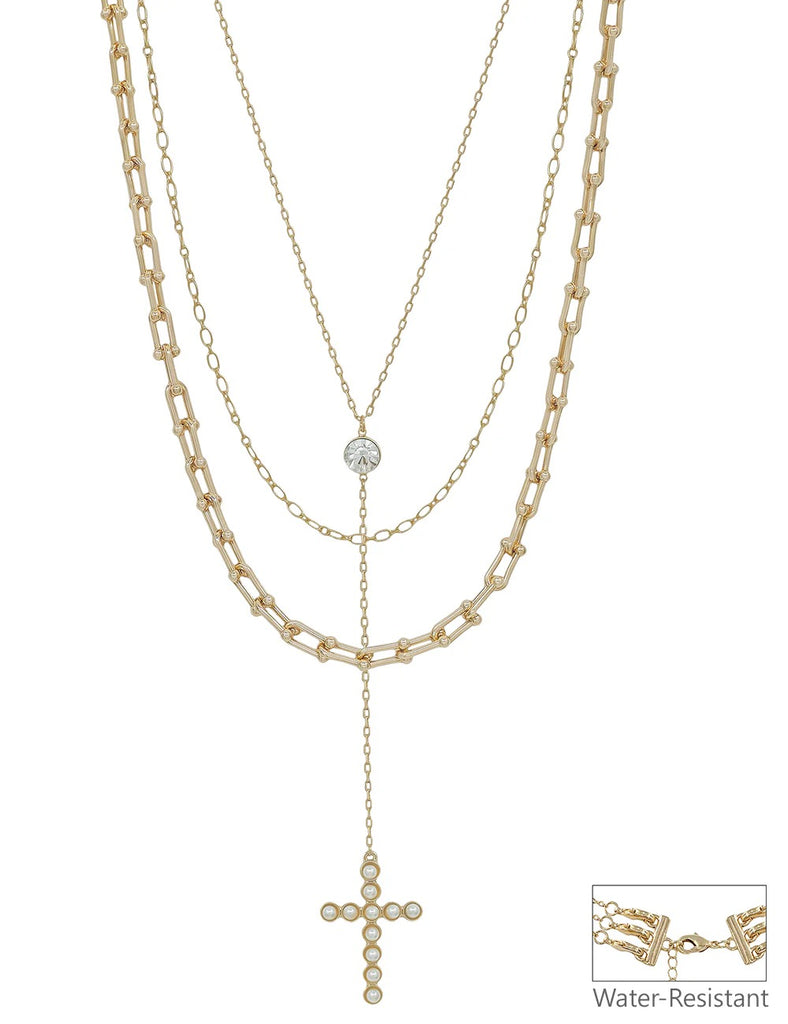 WH Necklace Gold Chain Layered with Y Drop Pearl Bubble Cross N-3457G