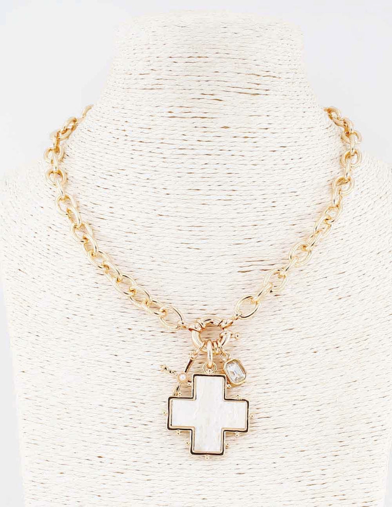 WH Necklace Gold Textured Chain with Pearl Cross N-3483G