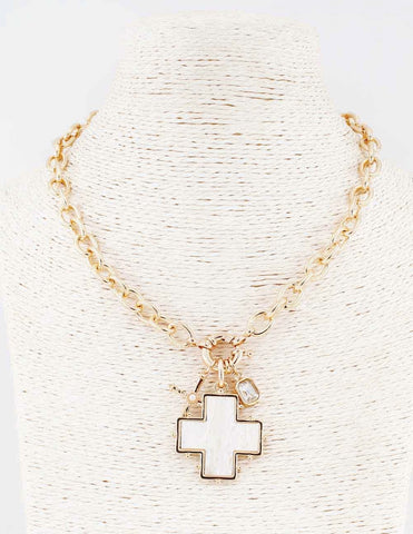 WH Necklace Gold Textured Chain with Pearl Cross N-3483G