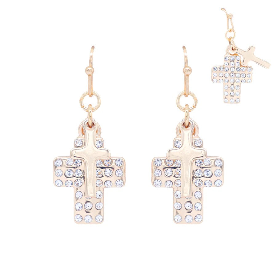 WH Earrings Gold Rhinestone Layered 1" Cross E-4779