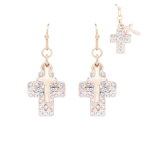 WH Earrings Gold Rhinestone Layered 1" Cross E-4779