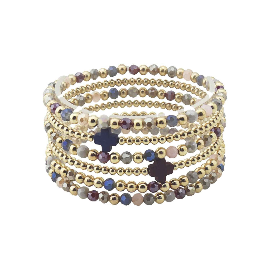 WH Bracelet Multi Crystal and Gold Beaded set of 5 with Cross B-2485MUL
