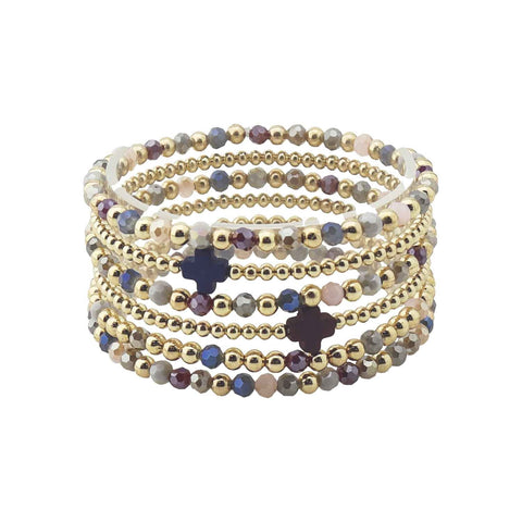 WH Bracelet Multi Crystal and Gold Beaded set of 5 with Cross B-2485MUL