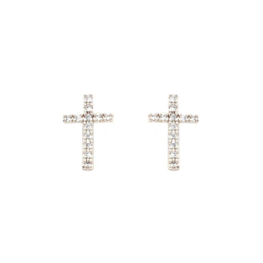 WH Earrings Silver Rhinestone .5" Cross Stud E-4782S