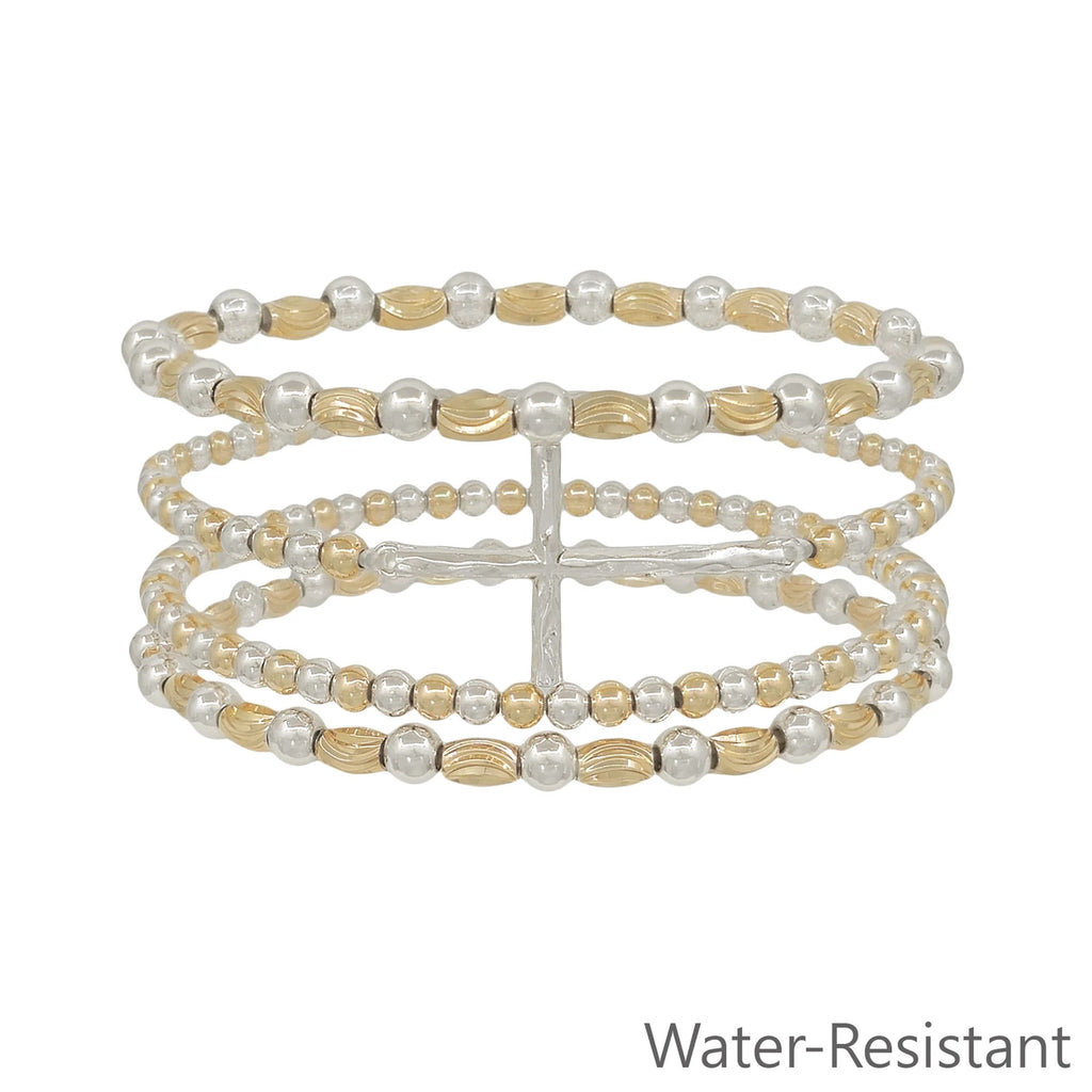 WH Bracelet Set of 4 Gold and Silver Cross or Silver and 4MM Beaded Stretch B-2395