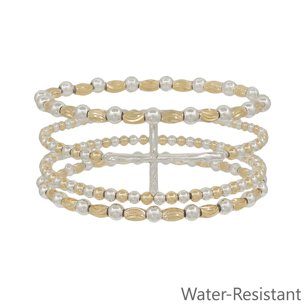 WH Bracelet Set of 4 Gold and Silver Cross or Silver and 4MM Beaded Stretch B-2395