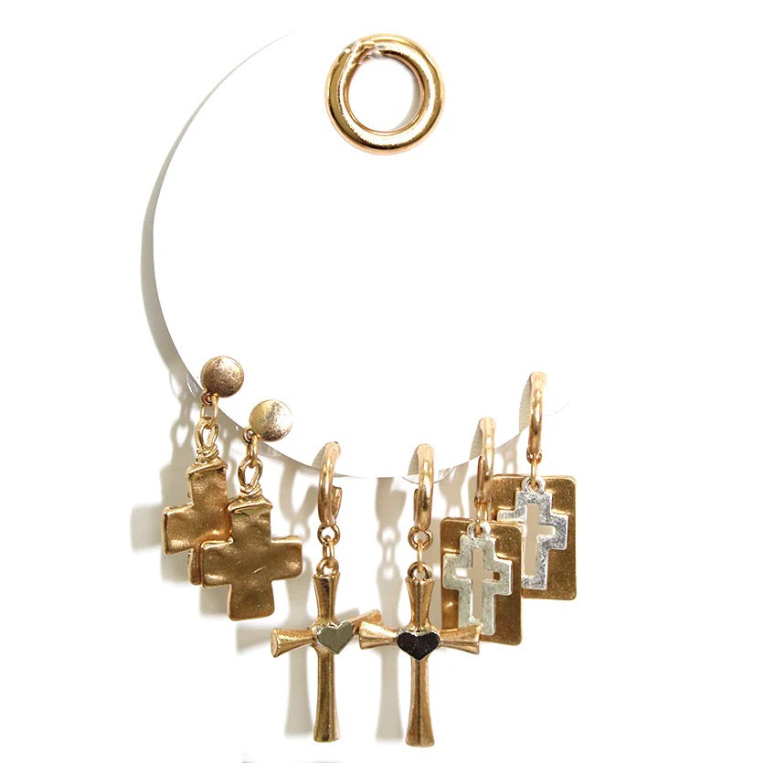 WH Earrings Set of 3 Gold and Silver Cross 1" E-4848GS
