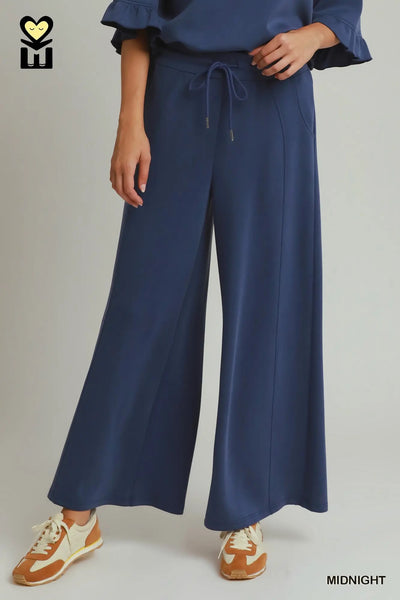 Umgee No Lining Spaceknit Wide Leg Pants with Drawstring H1248