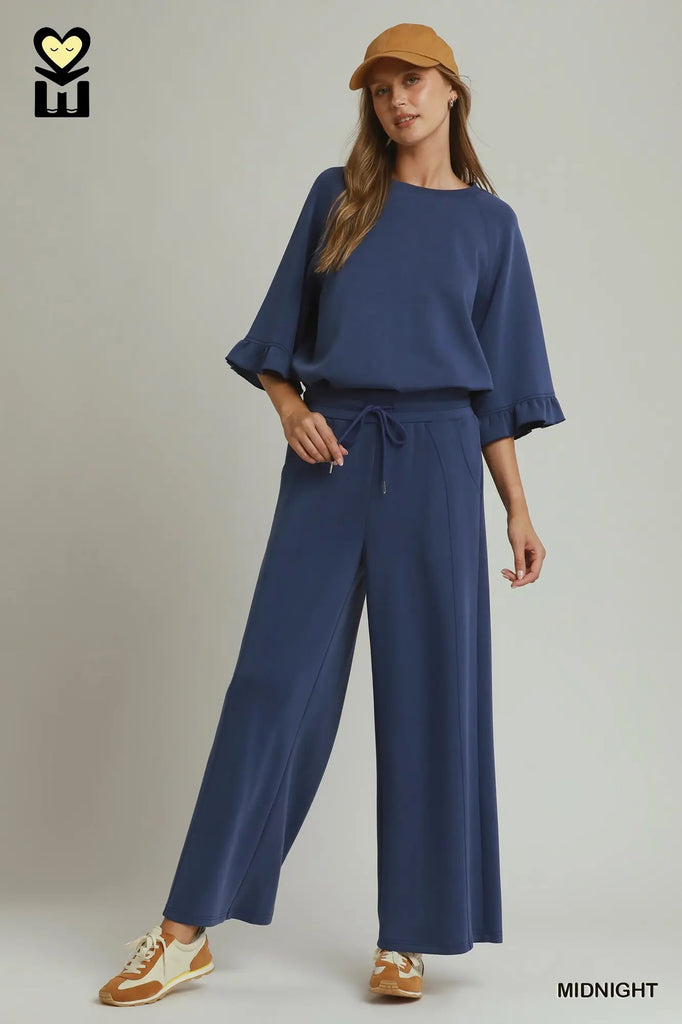 Umgee No Lining Spaceknit Wide Leg Pants with Drawstring H1248