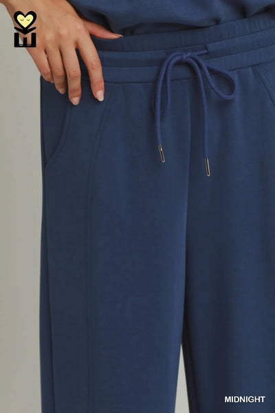 Umgee No Lining Spaceknit Wide Leg Pants with Drawstring H1248