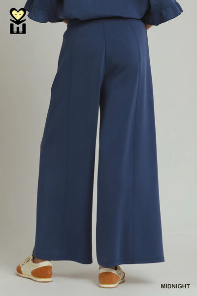 Umgee No Lining Spaceknit Wide Leg Pants with Drawstring H1248