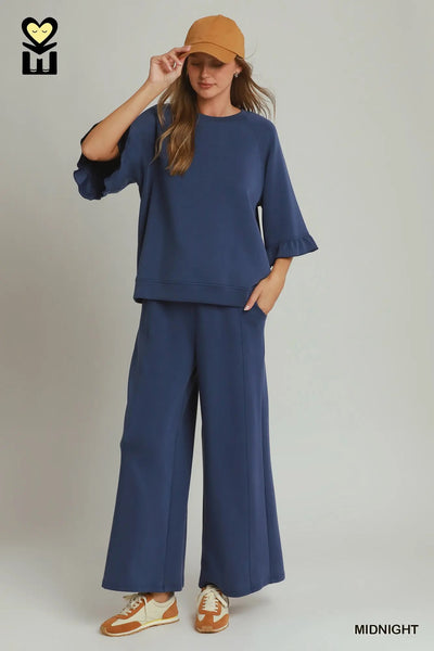 Umgee No Lining Spaceknit Wide Leg Pants with Drawstring H1248