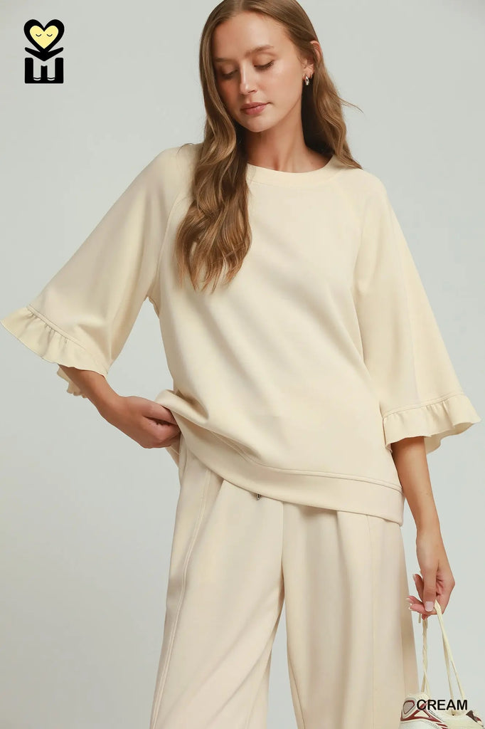 Umgee Luxeknit Round Neck Ruffle Pant Set H1089 Cream